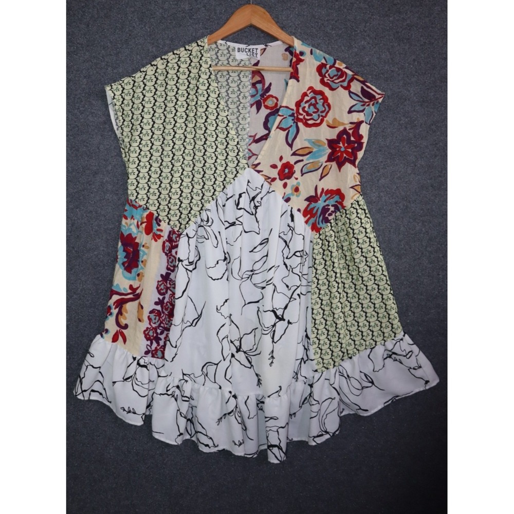 Bucket List Oversized Patchwork Sleeveless Dress Women Medium Multi Mini Flow